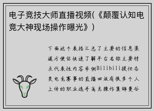 电子竞技大师直播视频(《颠覆认知电竞大神现场操作曝光》)